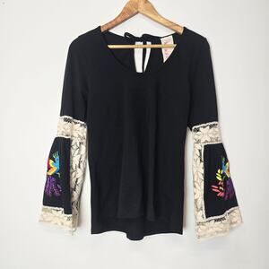 Punkie's Place Embroidered Flare Sleeve Flared Sleeves Black Top S